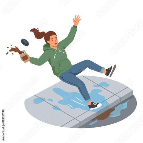 Woman slips on wet sidewalk and spills coffee while falling