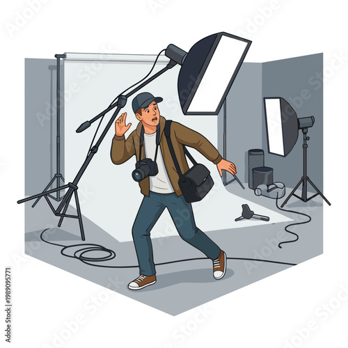 A man dancing with a camera and spotlight in a photography studio setup.