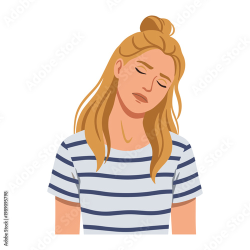 Woman wearing a striped shirt shows emotions