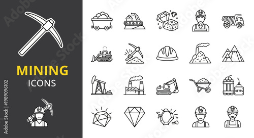 Modern vector outline icon collection for the mining industry, featuring essential tools, heavy machinery, minerals, and worker safety elements