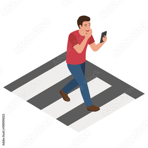 Man walks across a crosswalk while looking at smartphone