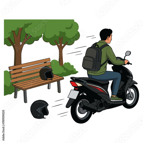 Man rides scooter past bench in park with trees and fallen helmet