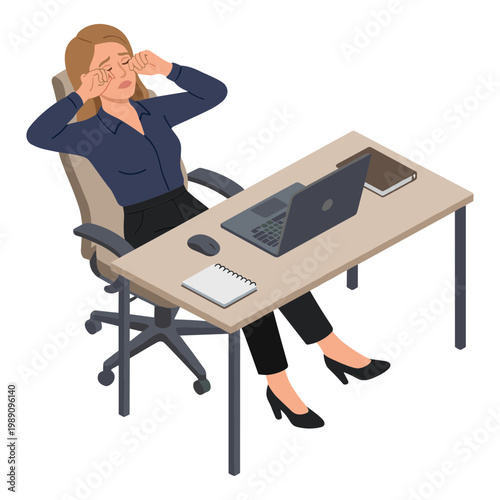 Woman sitting at desk with laptop looking stressed in office