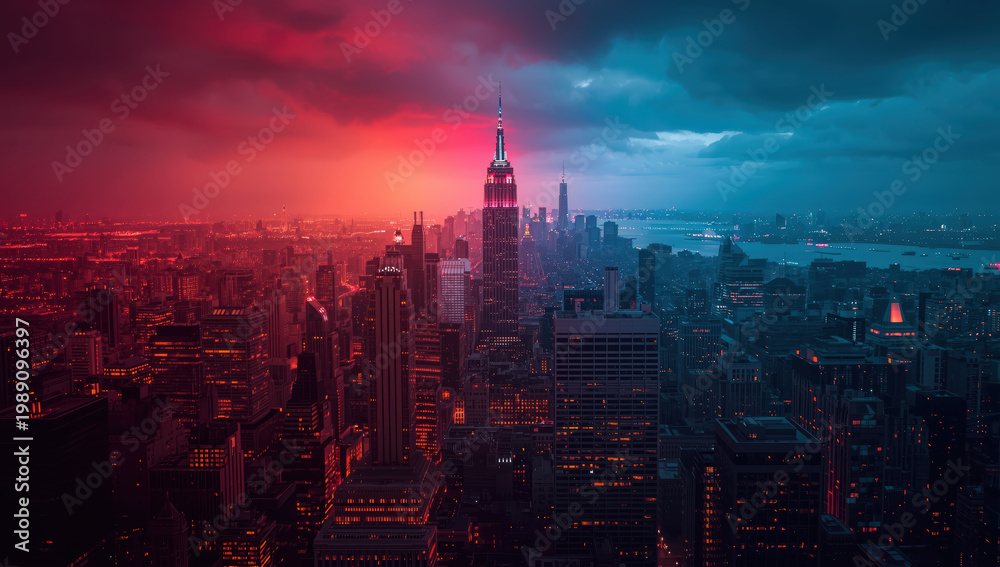 Naklejka premium Neon skyline dusk skyline sunset skyline dramatic lighting