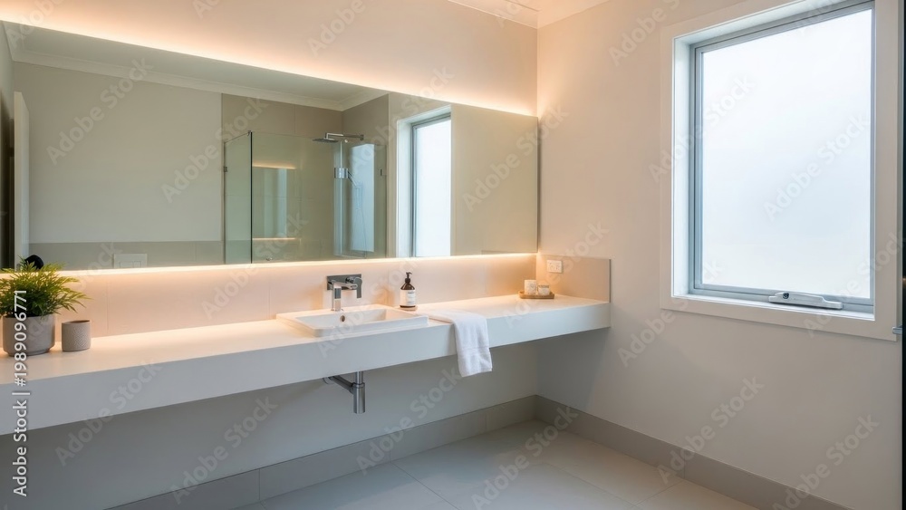 Fototapeta premium A modern bathroom with a floating sink, mirror, and window with a plant