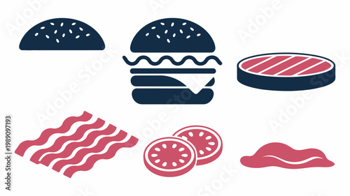 Flat icons with burgers, fries, and snack items, modern minimal food icon set representing fast food meals and snack options