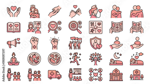 Vector icons set nursing compassion and community impact themed