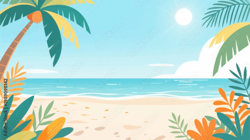Fototapeta premium Tropical beach background with palm trees and leaves