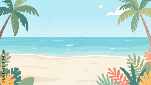 Tropical beach background with palm trees and leaves
