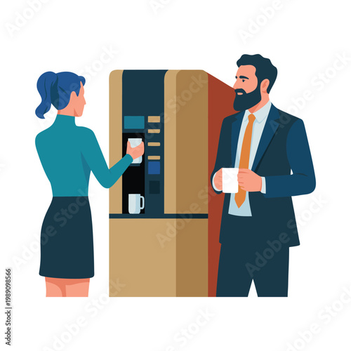 Colleagues Talking by Coffee Machine in Modern Office Breakroom