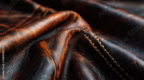 Close up of luxurious brown leather with stitching and texture details