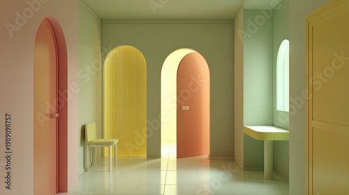 Colorful hallway with archways and doors rendered in pastel hues and soft light