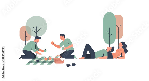 Outdoor leisure activity with friends enjoying a picnic in a park on a sunny day, relaxation and companionship