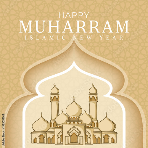 Elegant Islamic Mosque Illustration with islamic pattern muharram happy islamic new year background