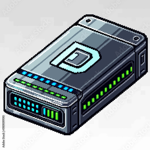 Pixel art portable hard drive or power bank with glowing indicators and digital display on dark background.