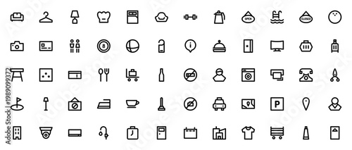 Hotel icon set. Vector illustration of hotel services and amenities. Includes symbols for reception, luggage, room service, swimming pool, wifi, parking, and more. Editable stroke.