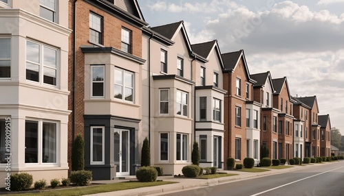 A row of modern townhouses with brick and stone facades on a quiet suburban street