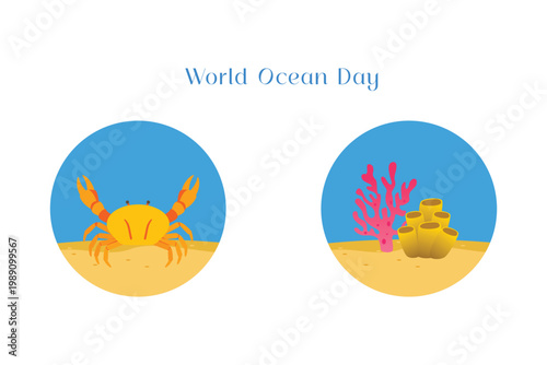Crab On Beach World Ocean Day. World Ocean day Concept Icon. Vector Icon graphic illustration