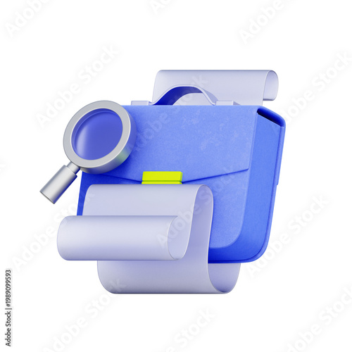 Bild auf Leinwand 3D illustration of briefcase with magnifying glass and document for job search, contract review, business audit, corporate investigation, employment opportunity, and financial analysis