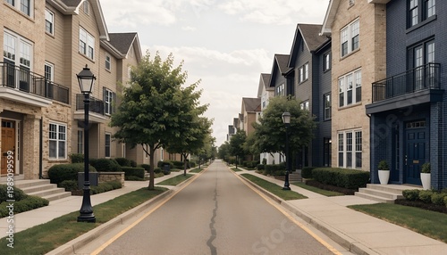 A quiet suburban street lined with modern townhouses and trees on a cloudy day