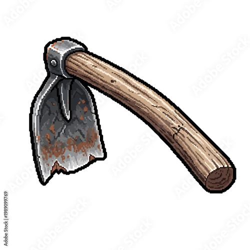 Rustic pixel art garden hoe with a weathered wooden handle for farming, on an isolated white background.