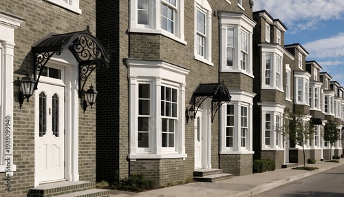 A row of modern townhouses with gray brick exterior and white trim under a blue sky