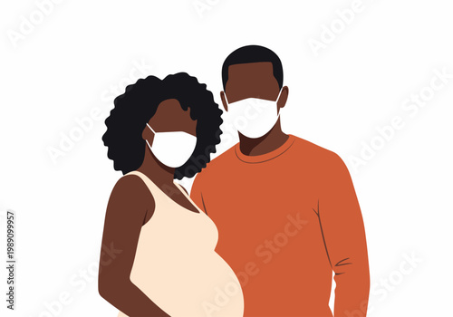 Pregnant African American Couple Wearing Face Masks Vector Illustration. Minimalist Flat Art of Expecting Black Parents in Protective Masks Isolated on White Background.