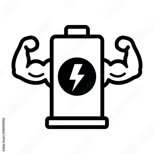 Strong Battery Power Icon with Muscular Arms and Lightning Bolt Symbol Representing High Energy Capacity and Performance