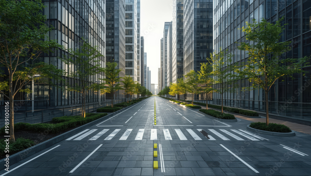 Fototapeta premium Modern urban avenue lined with trees and glass towers at sunrise, calm atmosphere