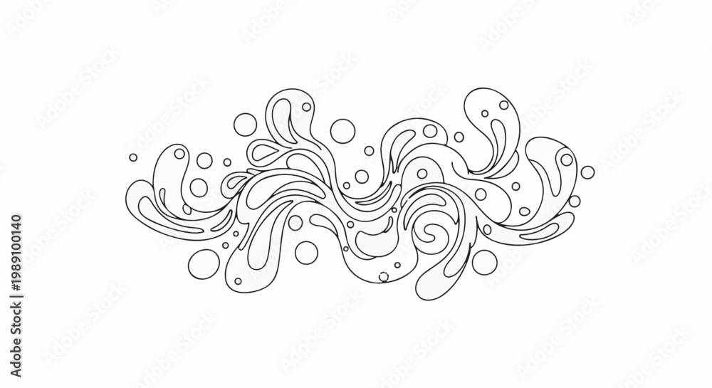 Fototapeta premium Abstract liquid splashes and bubbles, black outlines on white background