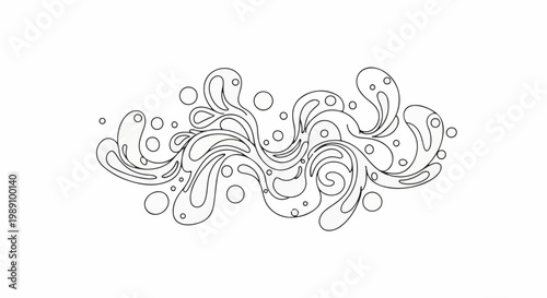 Abstract liquid splashes and bubbles, black outlines on white background
