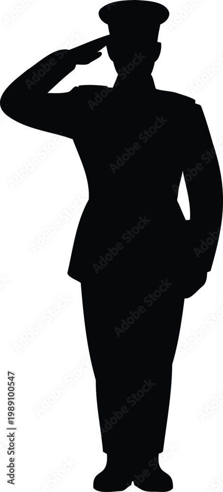 Fototapeta premium Black silhouette of a male soldier in uniform giving a military salute