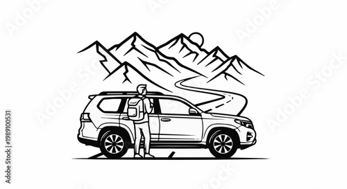 Adventurer with backpack stands by car on road with mountains and sun