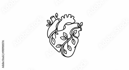 Anatomical heart intertwined with delicate vine and leaves in outline