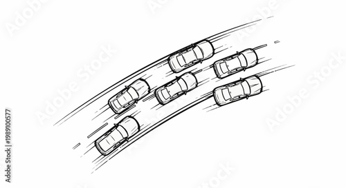 Aerial view sketch of multiple cars on a winding road