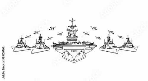 Aircraft carrier escorted by destroyers with planes flying overhead