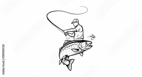 Angler casts fly rod with jumping trout and artificial fly