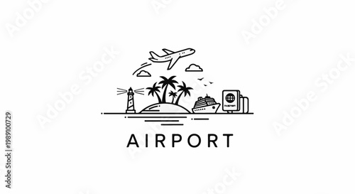 Airplane flies over island with lighthouse, ship, passport, and palm trees