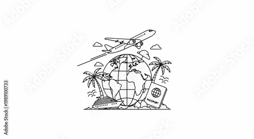 Airplane flies over globe with passport, cruise ship, palm trees, and clouds
