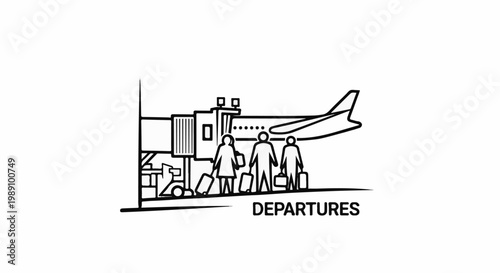 Airport departure gate with passengers and airplane