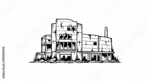 An abandoned industrial building stands in disrepair, crumbling walls and shattered windows