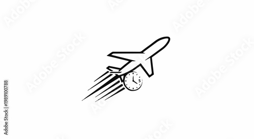 Airplane in flight with a clock showing time passing quickly