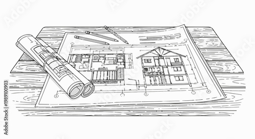 Architectural blueprints and pencils on a wooden surface
