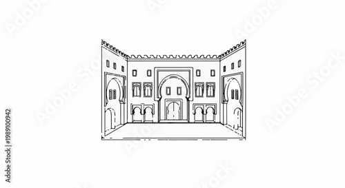 Architectural drawing of a grand courtyard with arched doorways and ornate windows