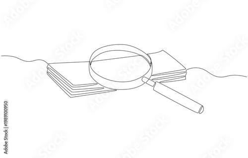 Continuous one line of magnifying glass placing on banknotes, financial transparency and auditing concept, single line art