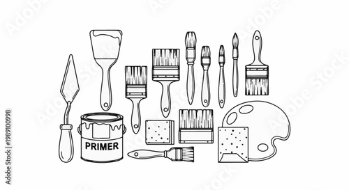 Assortment of art and home improvement tools including brushes, palette, and paint can