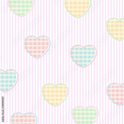 Vector of checked heart patterns on pink and white stripe background for wallpaper, backdrop, ad template, frame, paper design, social media, poster, sticky note, floral fabric print, Valentine's Day