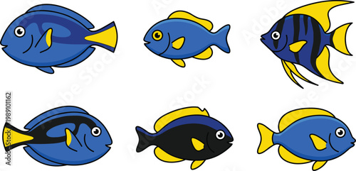 Tropical Fish Collection with Blue and Yellow Aquarium Fish Characters for Marine Life Design, Ocean Animals, Underwater Scene and Cartoon Vector Illustration Set