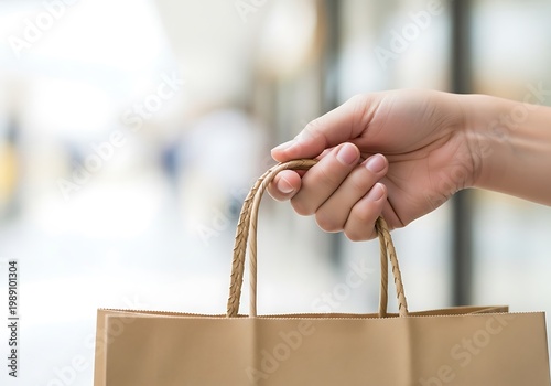 Hand holding a brown paper shopping bag in a retail store background