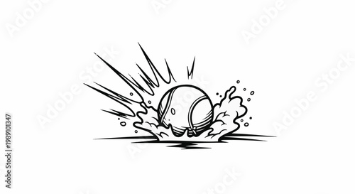Black and white drawing of a tennis ball hitting water with splash effects